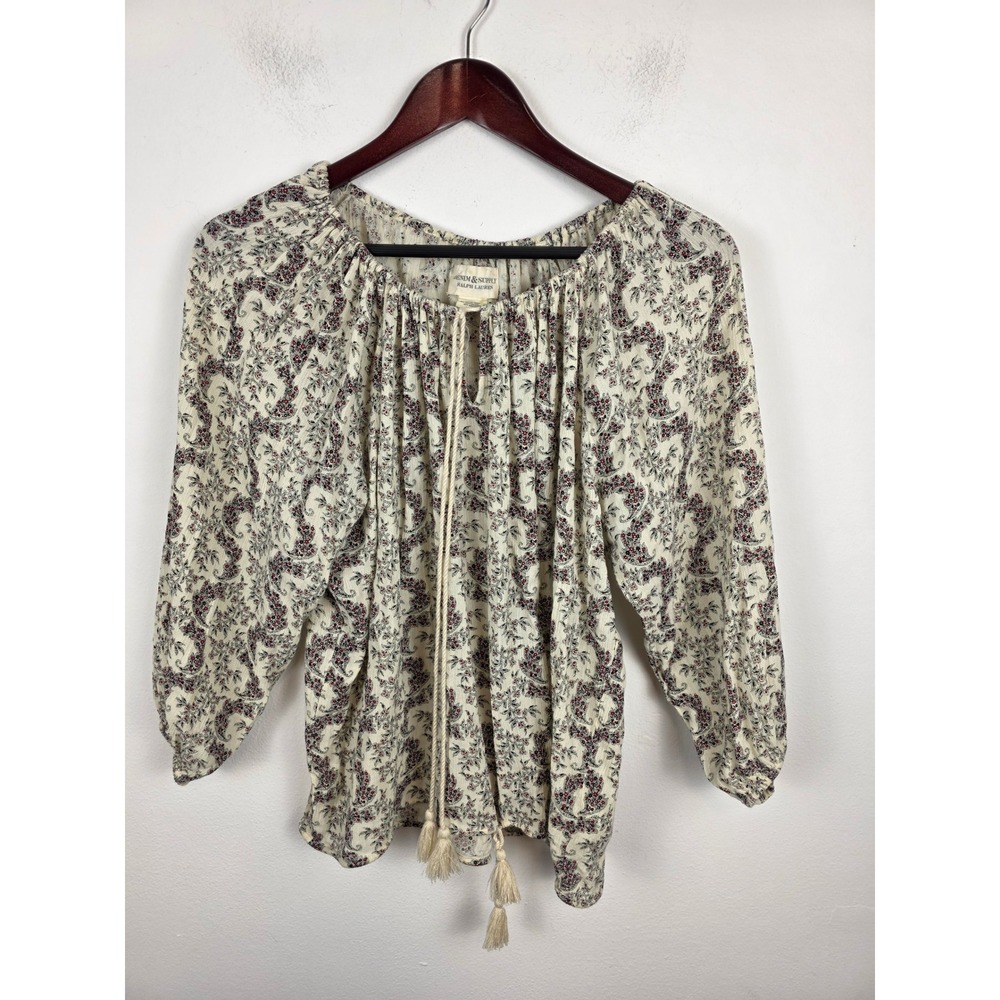 Denim & Supply Ralph Lauren Floral Paisley Peasant Blouse Cream Red Tassel M